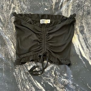 Tiger Mist Black Ruffle Ribbed Bandeau Crop Top Tie Size Small